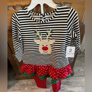 Girls Christmas Outfit Reindeer Polka Dots 2 Pc Set Shirt Leggings NWT 4T
